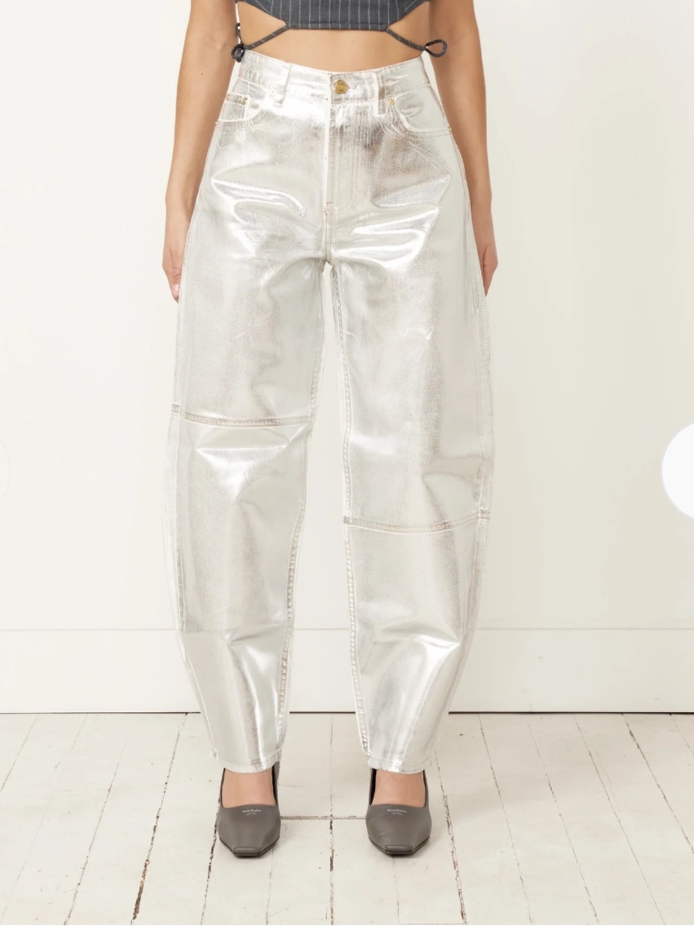 Ganni Stary Pants silver foil metallic barrel jeans